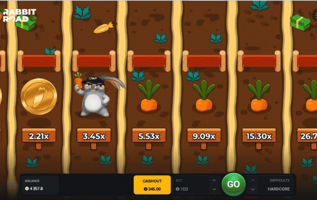 Rabbit Road Gewinnbildschirm mit Jackpot-Feier